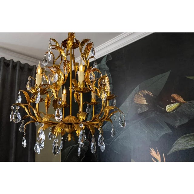 Hollywood Regency Style Gilt Metal and Crystal Glass Six-Light Chandelier, Italy For Sale - Image 6 of 18