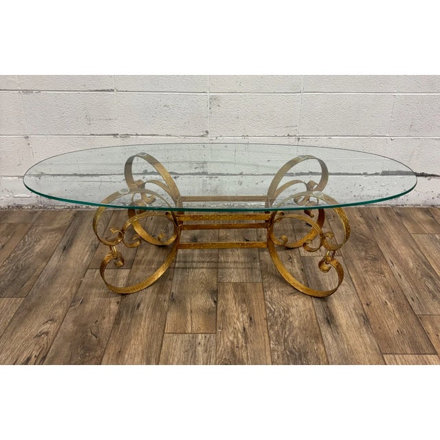 Hollywood Regency Vintage Hollywood Regency Gold Wrought Iron Glass Top Oval Coffee Cocktail Table For Sale - Image 3 of 12