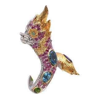 1990s Sterling Gold, Ruby, Amethyst & Emerald Gemstone D Dragon Ring Size 9 For Sale