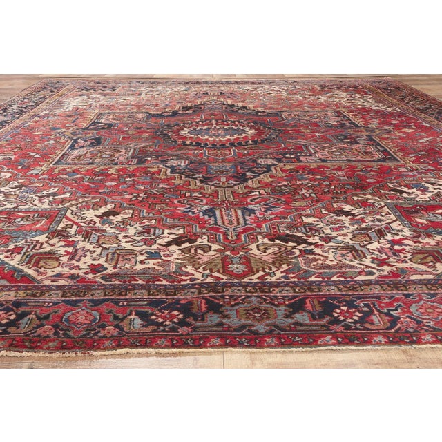 Red Early 20th Century Antique Persian Heriz Rug, 11'09 X 14'07 For Sale - Image 8 of 10