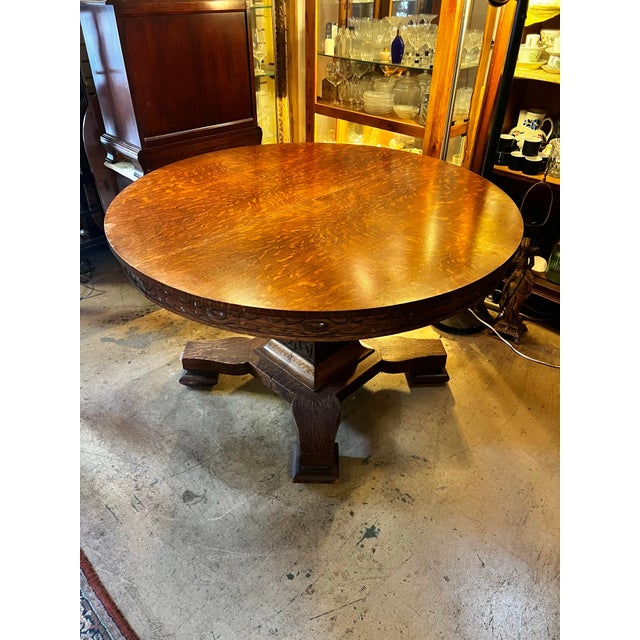 Mission Antique 48” Tiger Oak Round Pedestal Dining Table With 3/4” Glass Top For Sale - Image 3 of 9