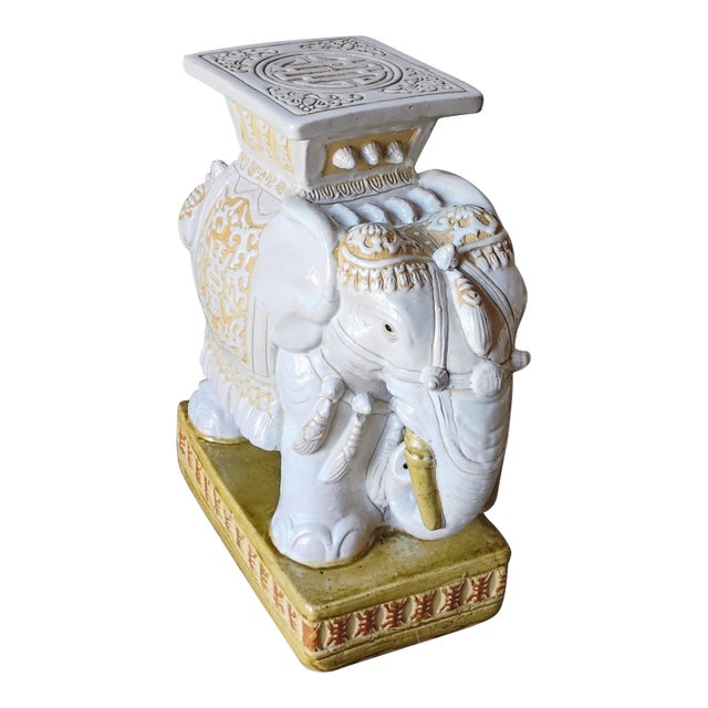 Mid 20th Century Hollywood Regency Gold & White Ceramic Elephant Garden Seat Plant Stand For Sale