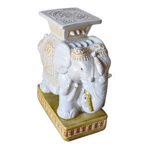 Mid 20th Century Hollywood Regency Gold & White Ceramic Elephant Garden Seat Plant Stand