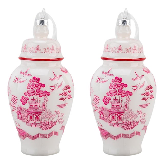 Chinoiserie Pink Willow Glass Christmas Tree Ornament - A Pair For Sale