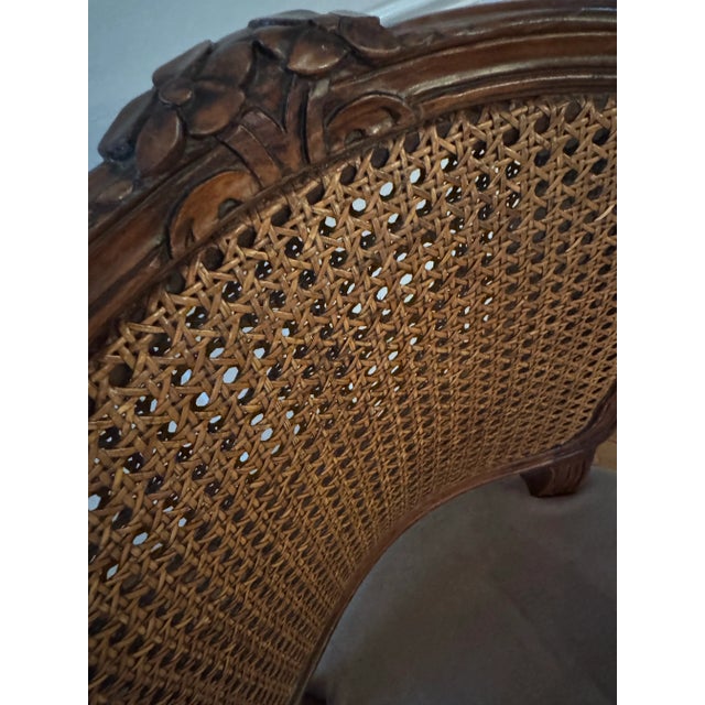 Vintage Petite Carved Wood Arm Chair With Cane Back and Suede Seat For Sale - Image 4 of 12