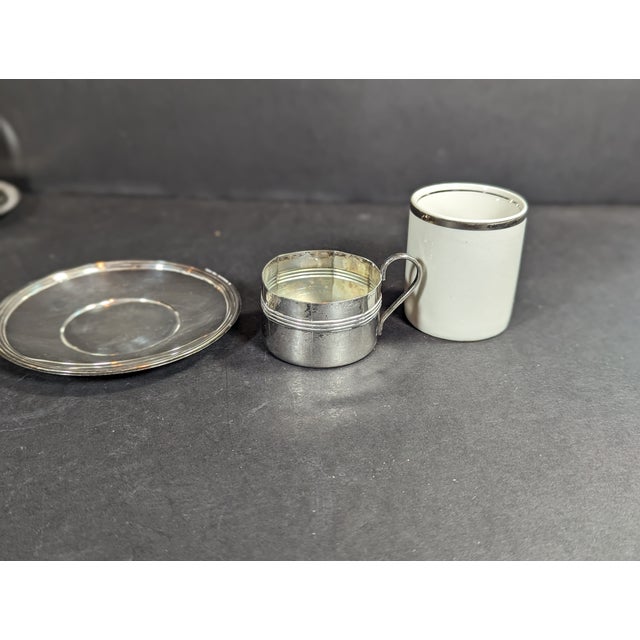 4 Vintage 1980"s Porcelain and Silverplate Demitasse Espresso Cups, and Saucers, Brazil, Fb Rogers Silver For Sale - Image 9 of 10