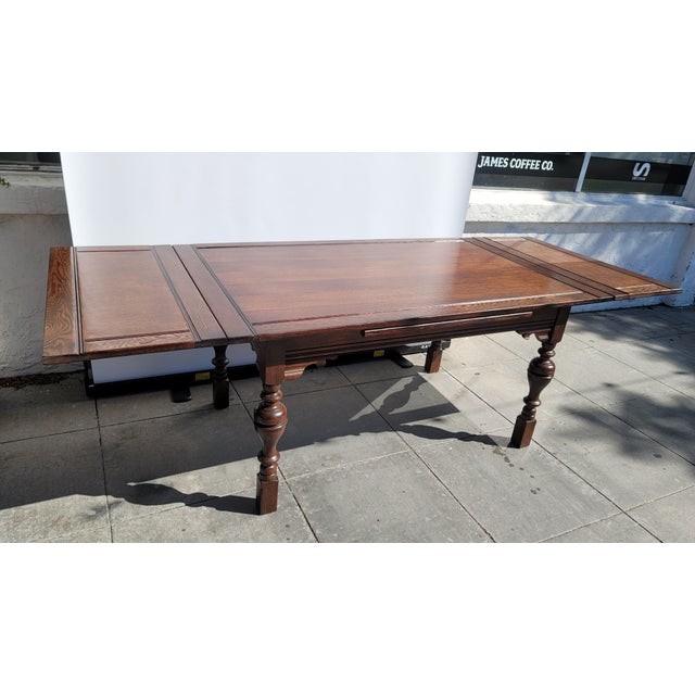 1930s Antique 1930s Rustic Spanish Jacobean Dining Table Draw Leaf 8 Feet Open For Sale - Image 5 of 9