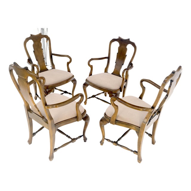 Set of 4 Cherry Queen Ann New Alcantara Suede Upholstery Dining Arm Chairs MINT For Sale