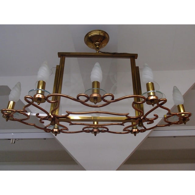 Red Large Art Deco Brass, Copper & Bricked Glass 8-Flame Ceiling Lamp, 1940s For Sale - Image 8 of 9