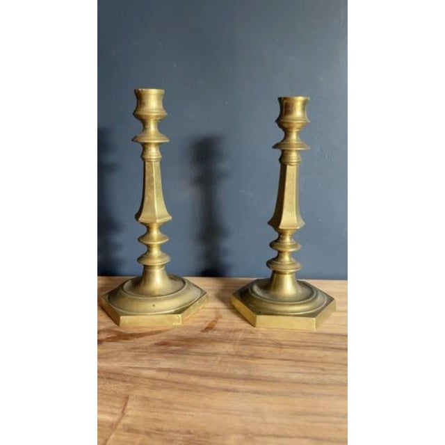 French Country Pair of 19th Century French Brass Candlesticks, Hexagonal Base For Sale - Image 3 of 4
