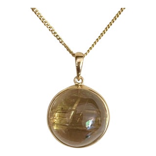 Large Cabochon Rutilated Quartz Gold. Pendant on 18 K Chain For Sale