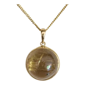 Large Cabochon Rutilated Quartz Gold. Pendant on 18 K Chain