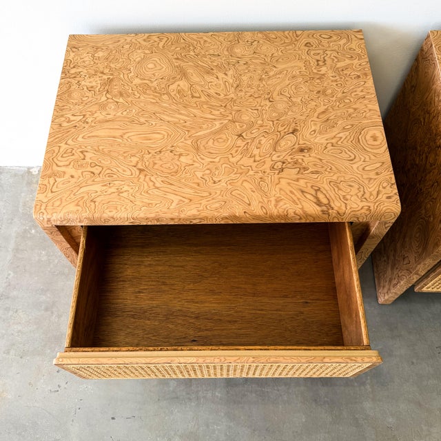 1970s Walnut Burlwood Nightstands With Cane Fronts MCM For Sale In Palm Springs - Image 6 of 10