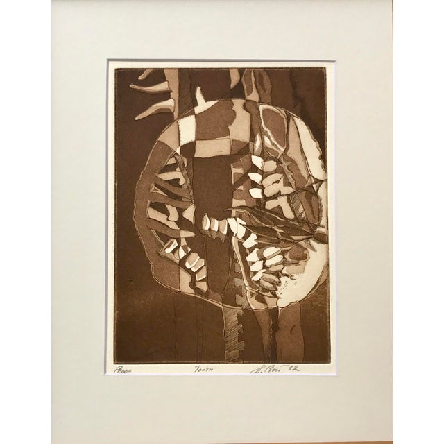 Vintage Modernist Abstract Etching by J Bond. Presented matted and framed.
