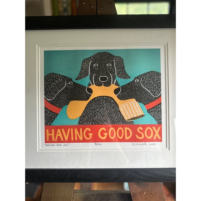 American Stephen Huneck Signed Limited Edition Lithograph "Having Good Sox", 2005 (Framed) For Sale - Image 3 of 8
