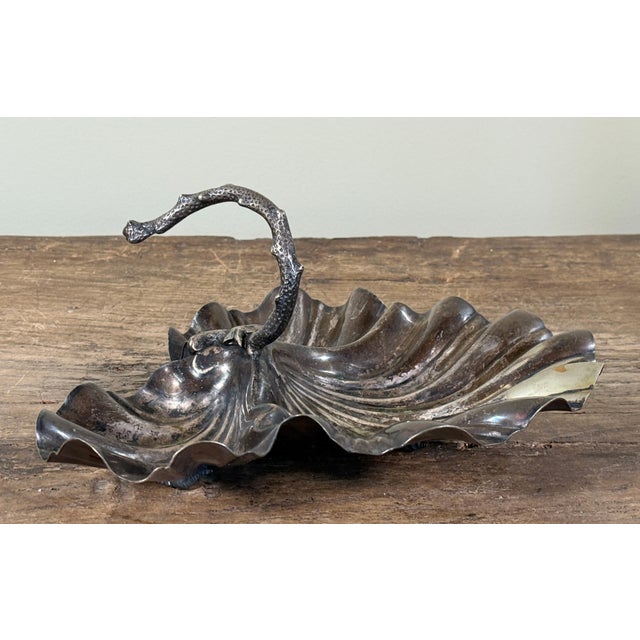 Nautical Antique Coastal Silverplate Shell Platter With Sculptural Nautical Coral Handle For Sale - Image 3 of 10