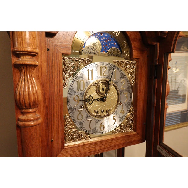 Ridgeway Model 9109 Illuminated Moon Phase Triple-Chime Grandfather Clock, Oak Case, Circa 1992 For Sale - Image 14 of 18