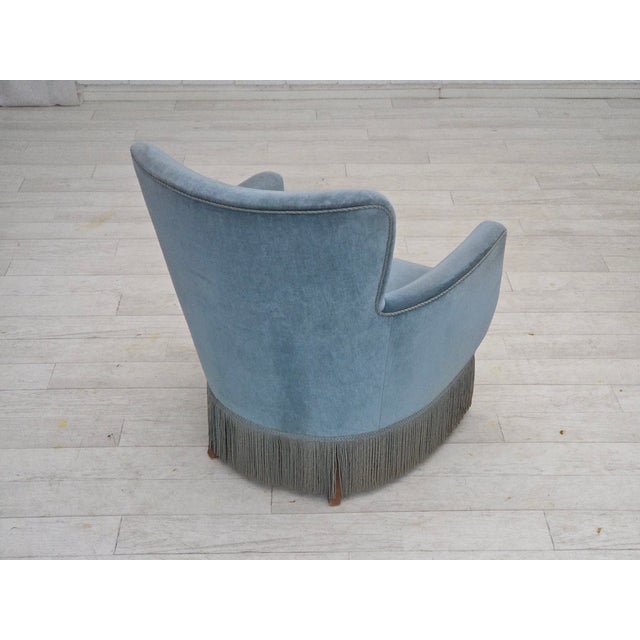 Set of Vintage Danish Chair with Ottoman in Blue Furniture Velour and Oak, 1960s For Sale - Image 6 of 18