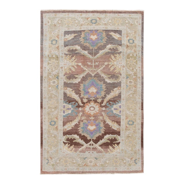 Brown Modern Floral Sultanabad Handmade Wool Rug For Sale