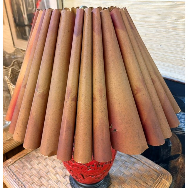 Antique Asian Red Cinnabar Lamp With Original Paper Pleated Shade For Sale - Image 12 of 12