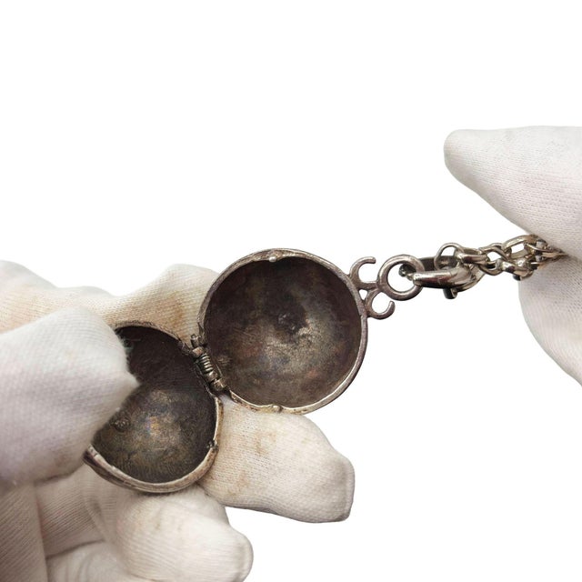Metal 20th Century Sterling Silver Orb Ball Pomander Locket Pendant on Chain For Sale - Image 7 of 7