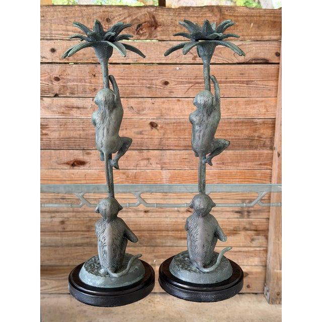 Pair of Vintage Maitland-Smith Style Bronze Monkey Palm Tree Candlesticks For Sale - Image 9 of 12
