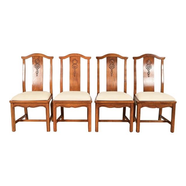 Thomasville Mid-Century Hollywood Regency Chinoiserie Carved Walnut Dining Chairs, Set of Four For Sale