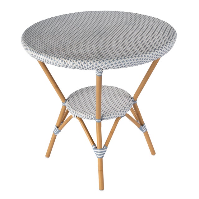 Tobias 30 in. W Outdoor Round Rattan and Metal Bistro Table, Blue/White Dot / Natural Rattan Frame For Sale In Chicago - Image 6 of 9