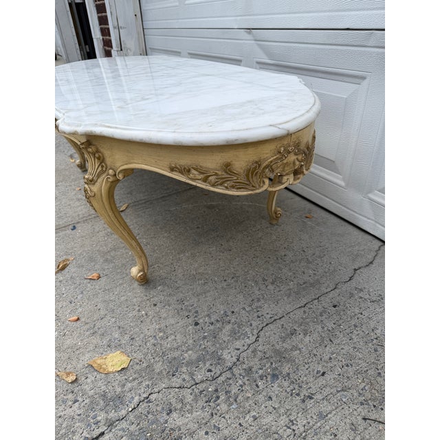 French Vintage French Louis XV Style Marble-Top Coffee Table With Carved Floral Apron and Cabriole Legs For Sale - Image 3 of 12