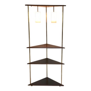 Mid Century Modern Lighted Angled Corner Display Shelf Unit Walnut Brass, Late 50s Early 60s For Sale