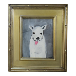 Folk Art Doggie Dog Puppy Oil Painting Including the Antiqued Silver Wood Frame