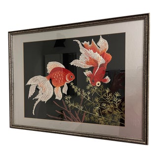 Vintage Chinoiserie Embroidered Koi Framed Artwork For Sale