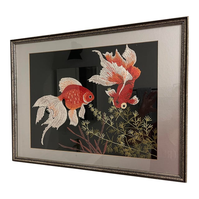 Vintage Chinoiserie Embroidered Koi Framed Artwork For Sale