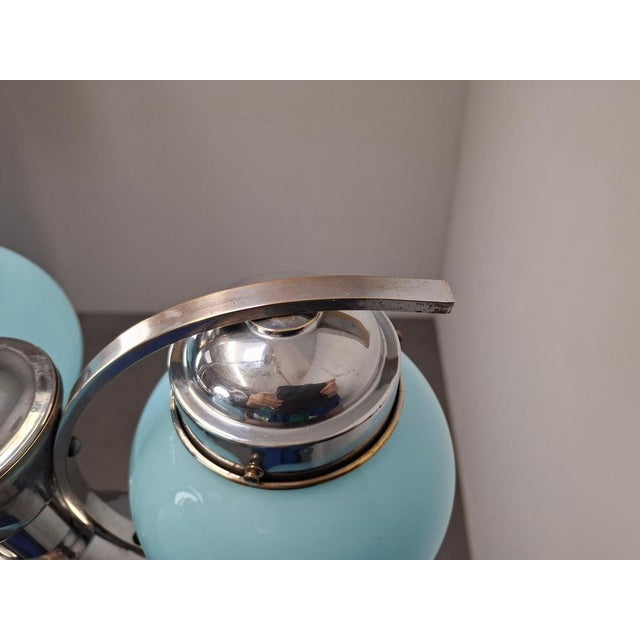 Czech Art Deco Blue Opaline Glass and Chrome 4-Light Chandelier, 1930s For Sale - Image 12 of 18