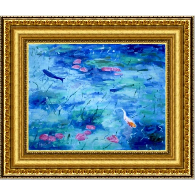 Textile Water Gardens — Koi Fish Pond Impressionist Style Oil Painting For Sale - Image 7 of 8