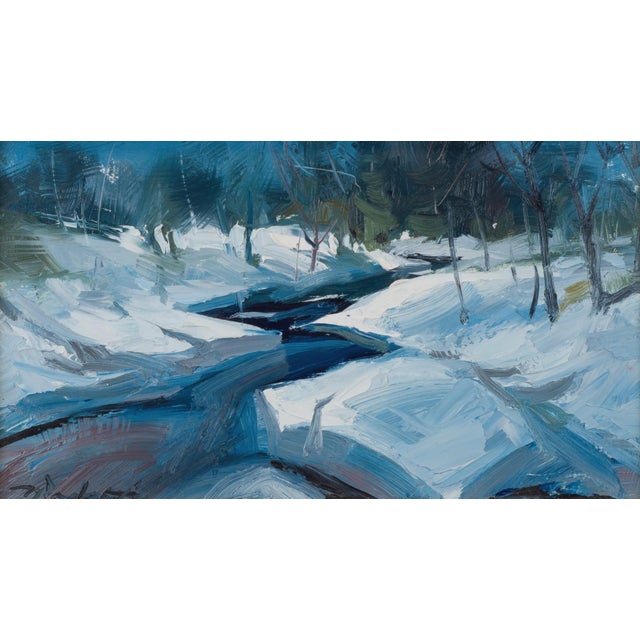U.P. by Matthew Paoletti | Oil on board Winter landscape with a stream and snow-covered banks. For Sale