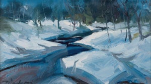 U.P. by Matthew Paoletti | Oil on board Winter landscape with a stream and snow-covered banks.