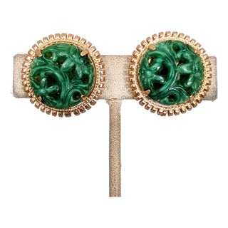 Vintage 1965 Signed Napier Round Goldtone Carved Faux-Jade Clip Earrings-2 Pieces For Sale