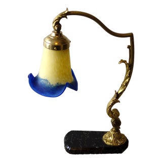 Antique Brass and Marble Pate De Verre Table Lamp, France, 1920s For Sale