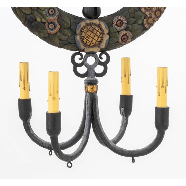 Wood Scandinavian Polychromed Wood and Iron Chandelier, Early 20th Century For Sale - Image 7 of 9