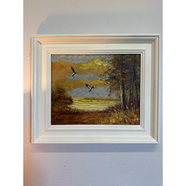 Textile Vintage Oil Painting Landscape With Mallard Ducks Landing by Bennett For Sale - Image 7 of 11