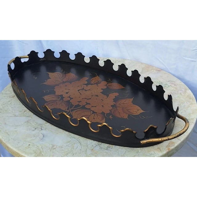 Black Mid Century Tole Painted Serving Tray For Sale - Image 8 of 12