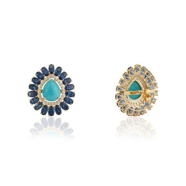 Metal Art Deco 17ct Turquoise & Blue Sapphire Statement Earrings With Diamonds in 14k Gold- A Pair For Sale - Image 7 of 17