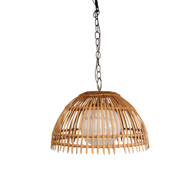 Wood Mid Century Bamboo Chandelier Hanging. Dome Light Fixture C. 1970's For Sale - Image 7 of 9