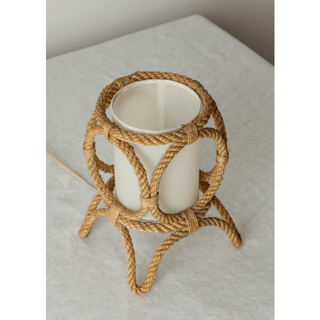 Vintage French Audoux-Minet Rope Table Lamp with thick twisted natural rope formed into an oval structure with knotted...