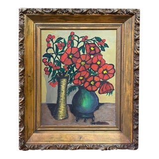 Oil Painting of Red Flowers in Vases, Great Original Gilt Frame - Signed For Sale
