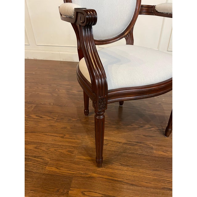 Wood Set of 8 Louis XVI Muslin Upholstered Dining Chairs by Leighton Hall - Showroom Samples For Sale - Image 7 of 14