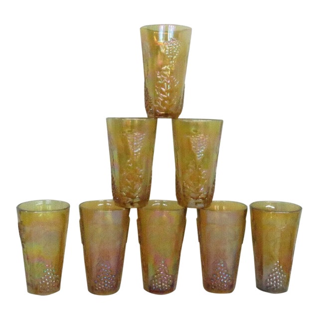 Indiana Harvest Grape Style Amber Carnival Glass Set of 8 Tumbler Cups For Sale