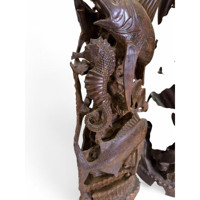 Mid 20th Century Pair of Monumental Mid-Century Guayacan Wood Sea Life Totem Sculptures - 35.5" & 38" For Sale - Image 4 of 11