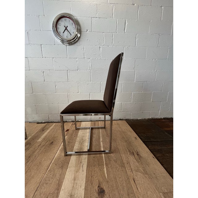 Modern Set of 4 Modern Chrome Dining Chairs in Brown Ultrasuede, Milo Baughman Style For Sale - Image 3 of 8